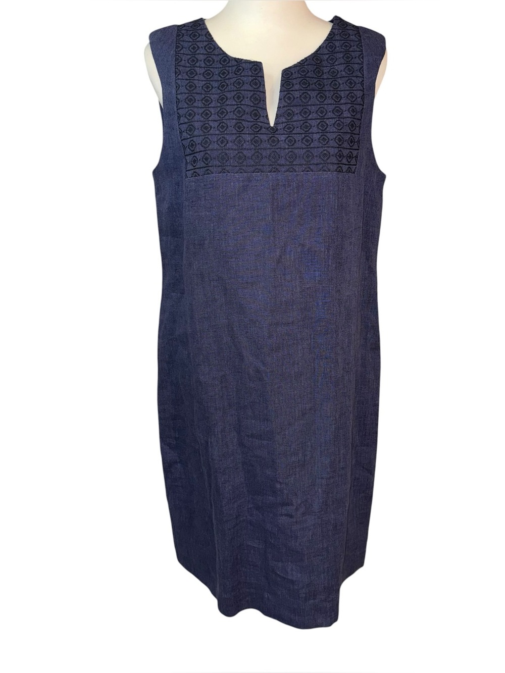 PURE Collection 100% Linen Shift Dress Women’s Navy Sz 12 Sleeveless Embroidered